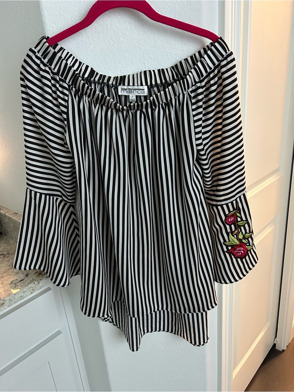 Mishca Black & White Striped Off-Shoulder Top with Floral Embroidery